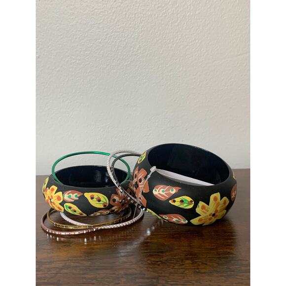 Antika Two Black Floral Wooden Bangle Bracelets with Six Metal Bangles New! - Picture 2 of 5